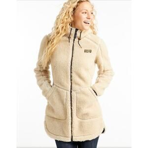 L.L. Bean Women's Mountain Pile Fleece Coat Hooded Sherpa Jacket Beige Sz Large